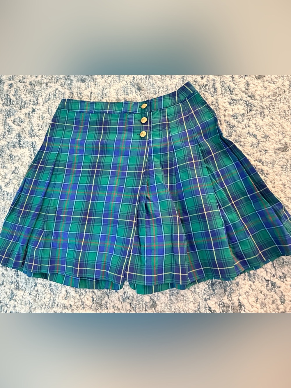 Polo by Ralph Lauren Green and Blue Plaid Pleated Skirt with Gold Crest Buttons